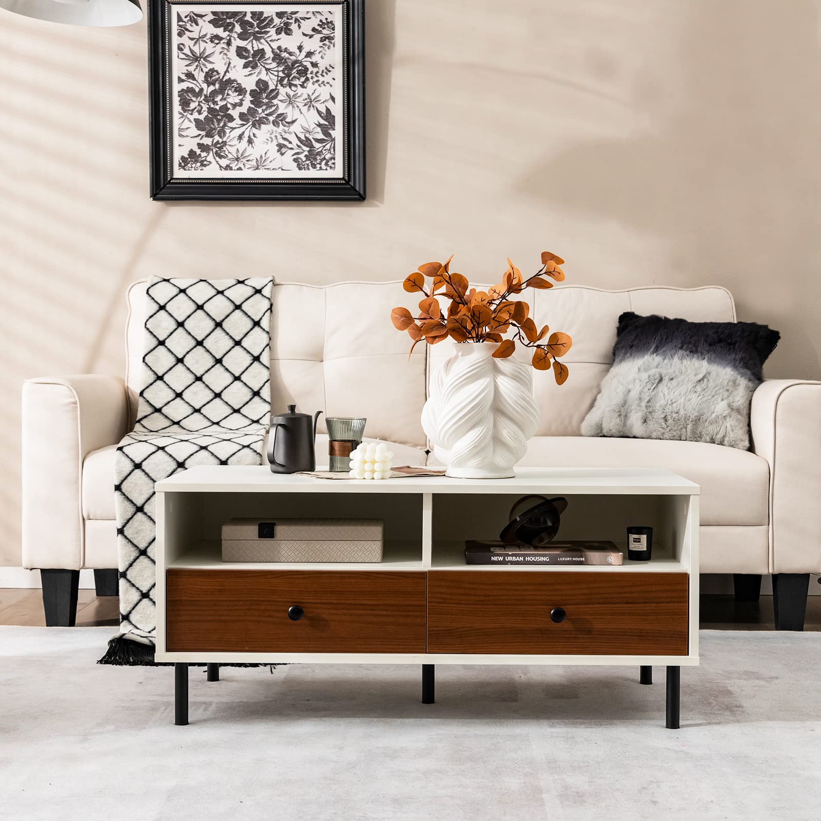 Giantex Rectangular Coffee Table with Storage, 2 Tier Wood Tea Table with 2 Drawers