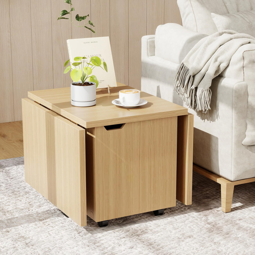 Giantex Folding Coffee Table 48 Inch Drop Leaf Extendable Center Table with Storage Cabinet & Wheels
