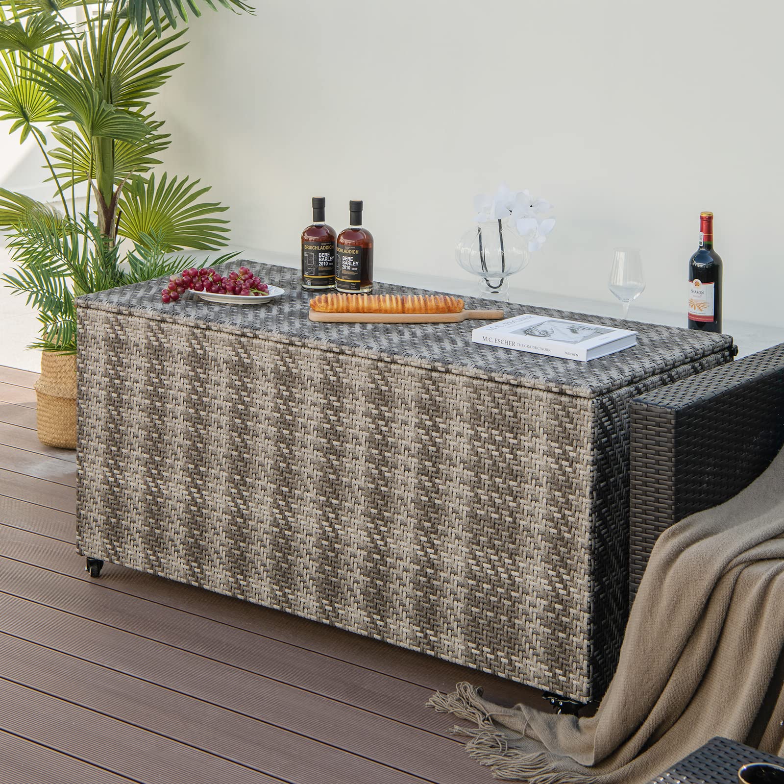 Giantex 96-Gallon Outdoor Storage Box - PE Wicker Deck Box with Lid, Outside Rattan Storage