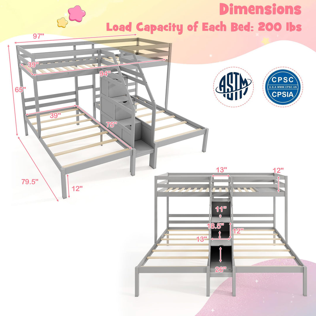 Giantex Twin Over Twin & Twin Bunk Bed Triple Bunk Beds with 4-Step Storage Stair