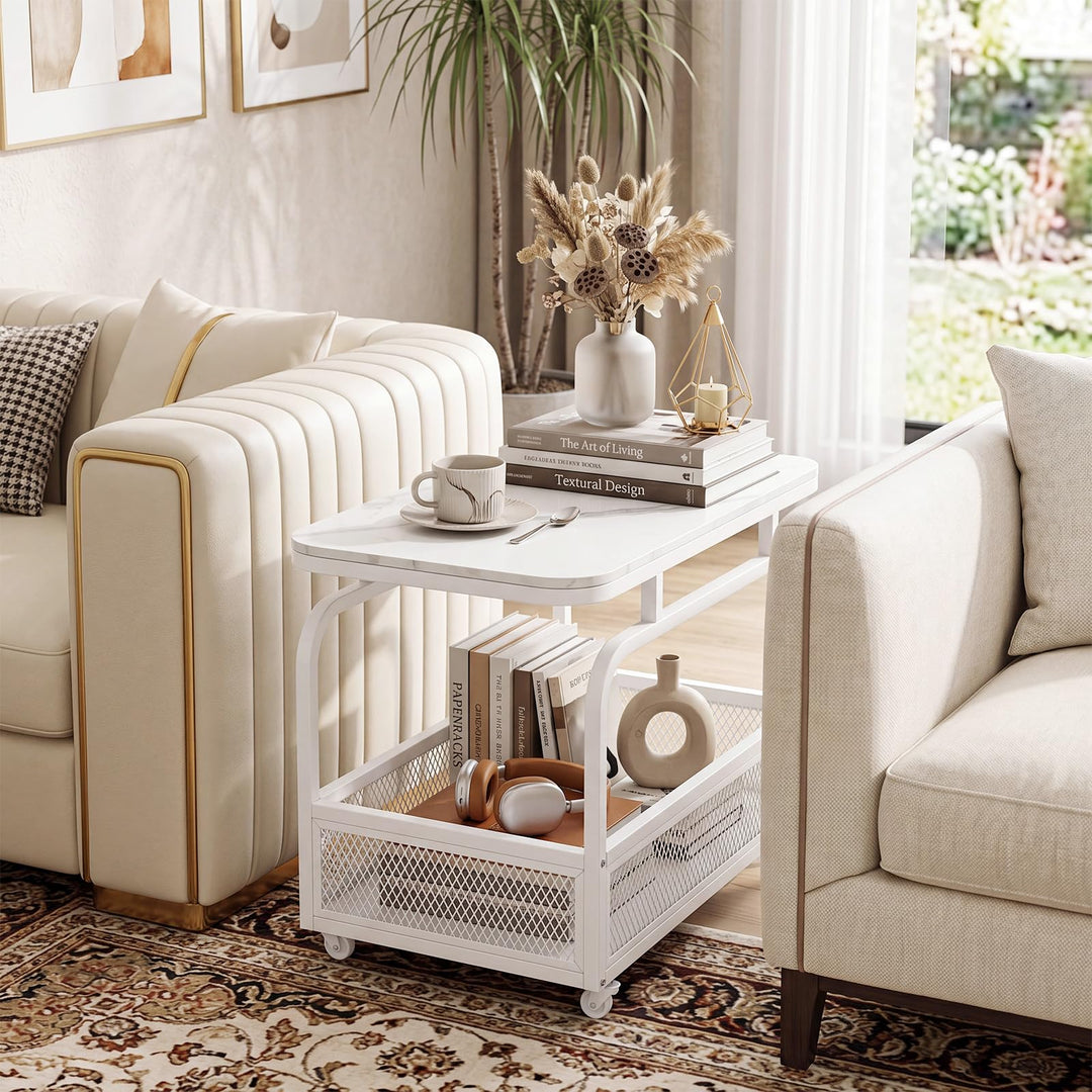 Giantex Rolling Side Table | 2-Tier End Table with Mesh Storage Basket (1/2)