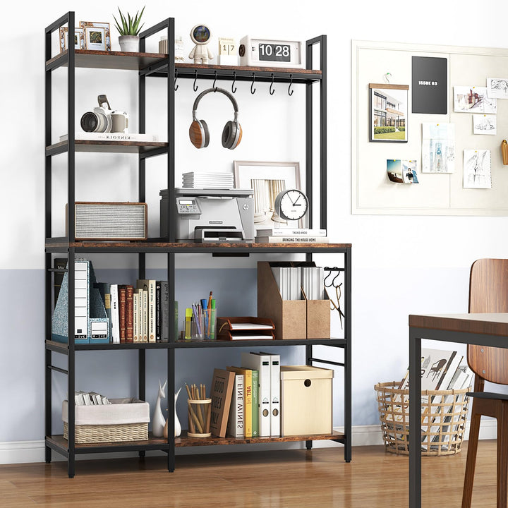 Giantex Bakers Rack with Power Outlets, 5-Tier Coffee Bar Table Organizer w/ 10 S-Shaped Hooks, 63" Large Microwave Stand