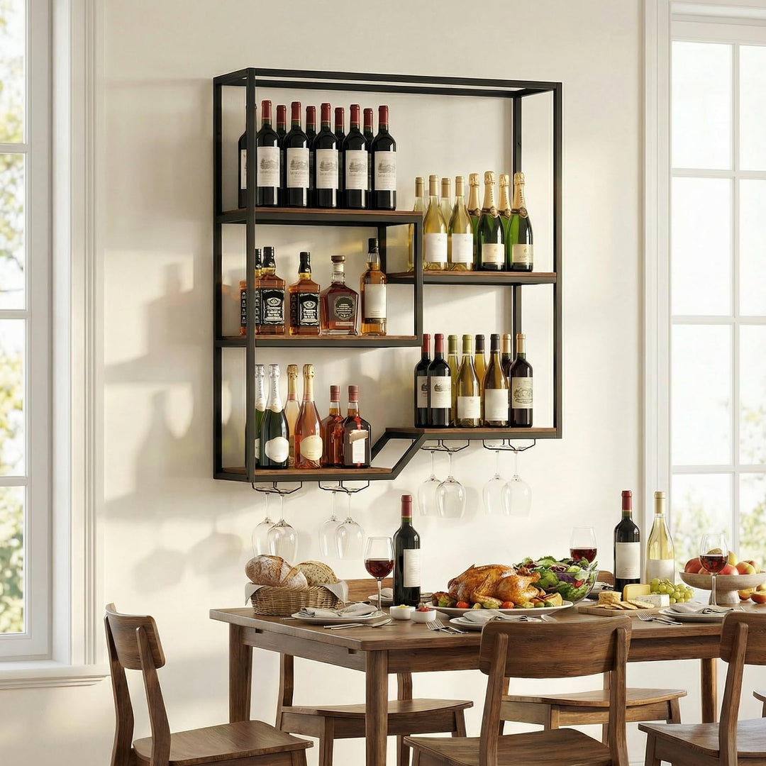 Giantex Wall Mounted Wine Rack 6-Tier Hanging Bar Shelf with Bottle Display Shelf and Glass Holder