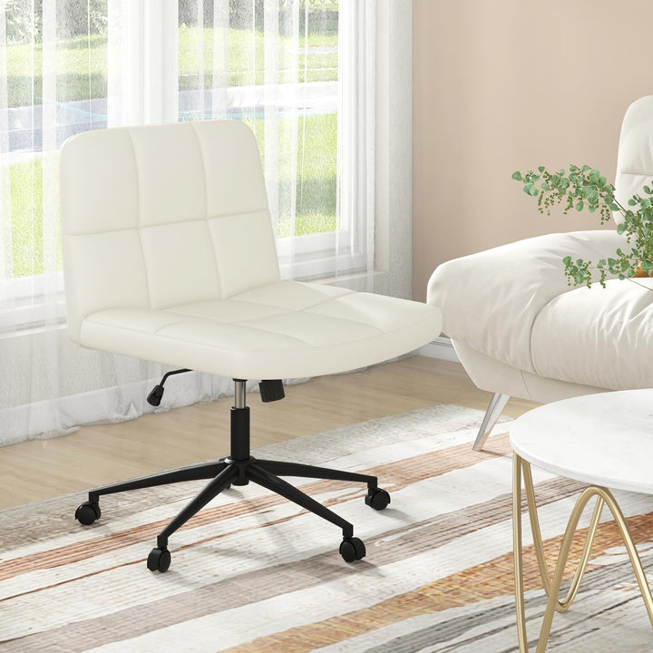 Giantex Criss Cross Chair with Wheels, PU Leather Cross Legged Office Chair, Height-adjustable Swivel Vanity Chair