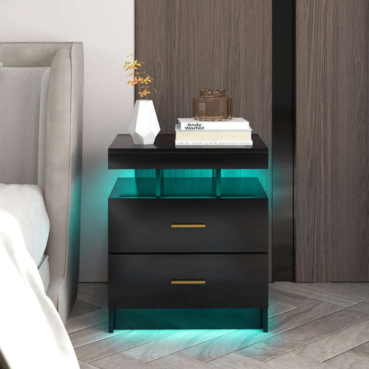 Giantex LED Nightstand, Modern Black Bedside Tables with 2 Storage Drawers