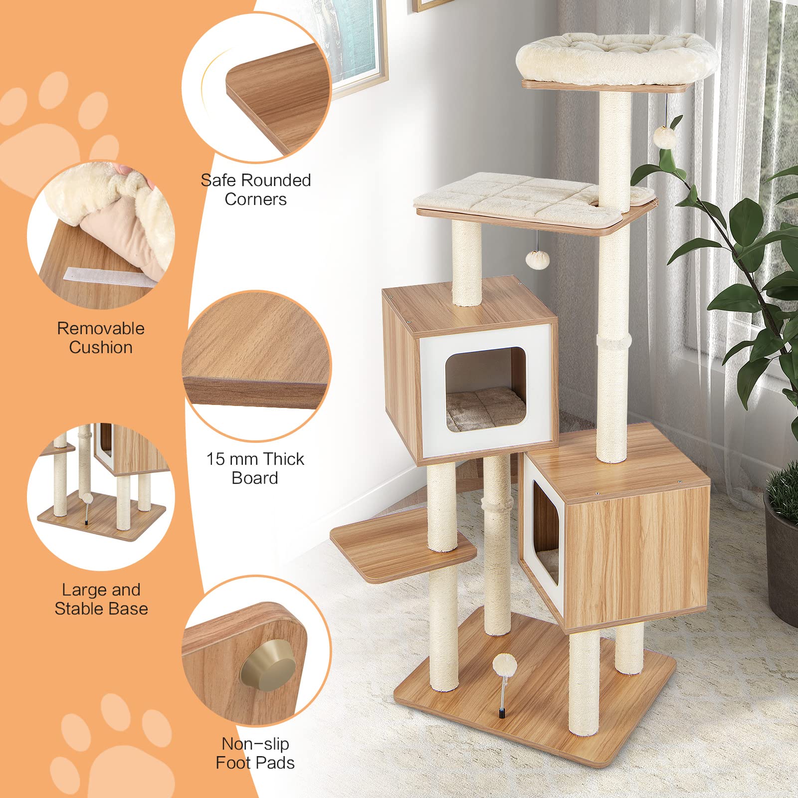 Giantex Multi-Layer Cat Tree, 64.5 inches Cat Tower with Natural Sisal Scratching Posts, 2 Condos, Padded Perch