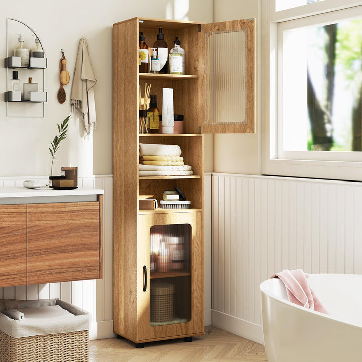Giantex 67" Tall Bathroom Storage Cabinet | Narrow Freestanding Cabinet with 2 Fluted Doors