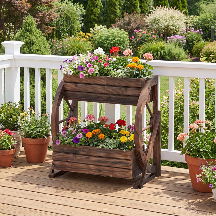 Giantex Wooden Wagon Planter Box for Patio Garden Balcony
