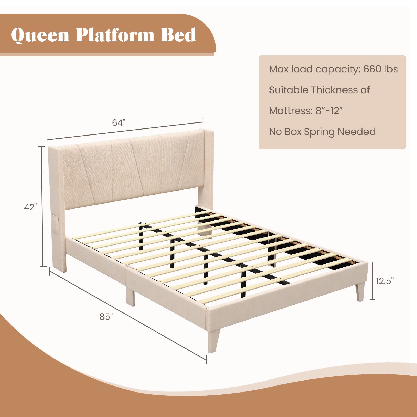 Giantex Queen/Full Bed Frame with Geometric Wingback Headboard, Modern Beige Bed