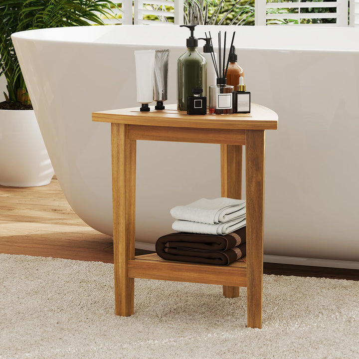 Giantex Corner Shower Bench - Teak Wood Shower Stool with Storage Shelf