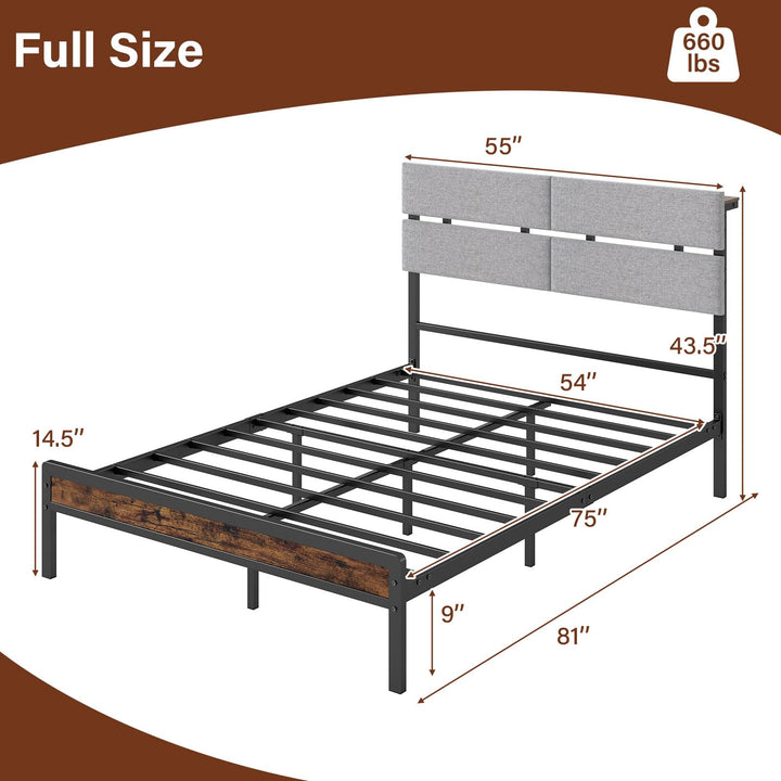 Full Size Metal Bed Frame with Upholstered Headboard &amp; Charging Station