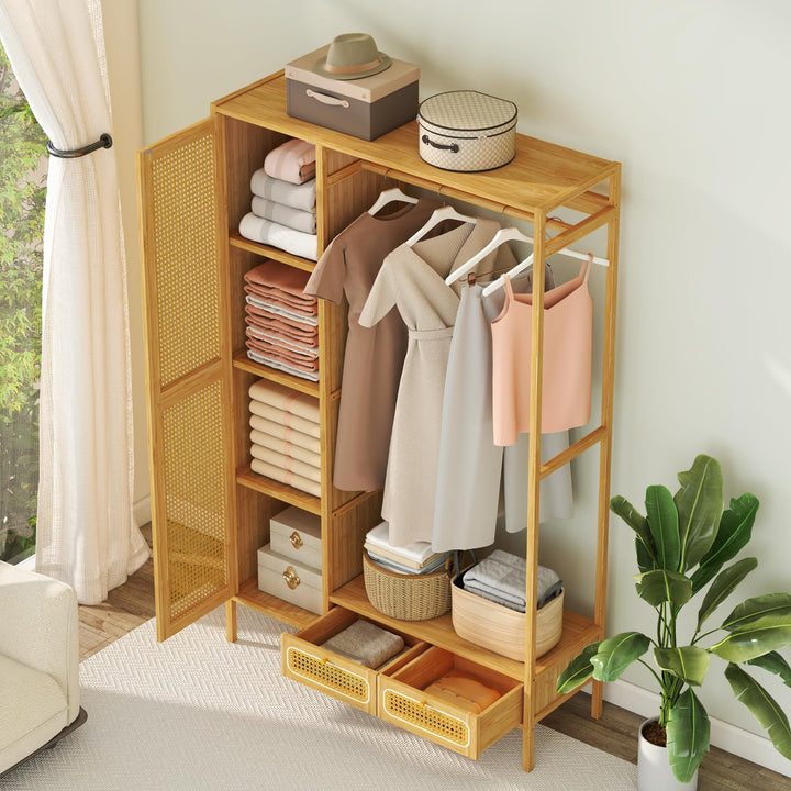 Giantex Bamboo Clothes Rack with Shelves Freestanding Garment Rack with Rattan Door