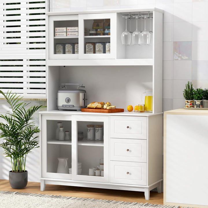Giantex 73" Kitchen Pantry Storage Cabinet, Hutch Cabinet with LED Lights & Power Outlet, Kitchen Buffet Cabinet w/Wine Glass Racks