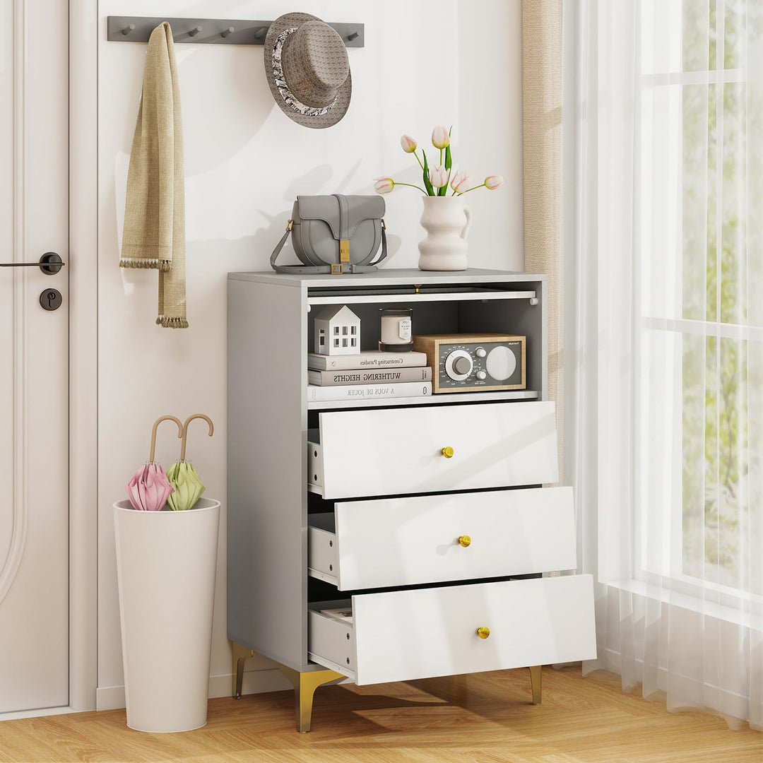 Giantex 3 Drawer Dresser, Modern Storage Cabinet w/Flip Up Fluted Glass Door & Pull-Out Drawers
