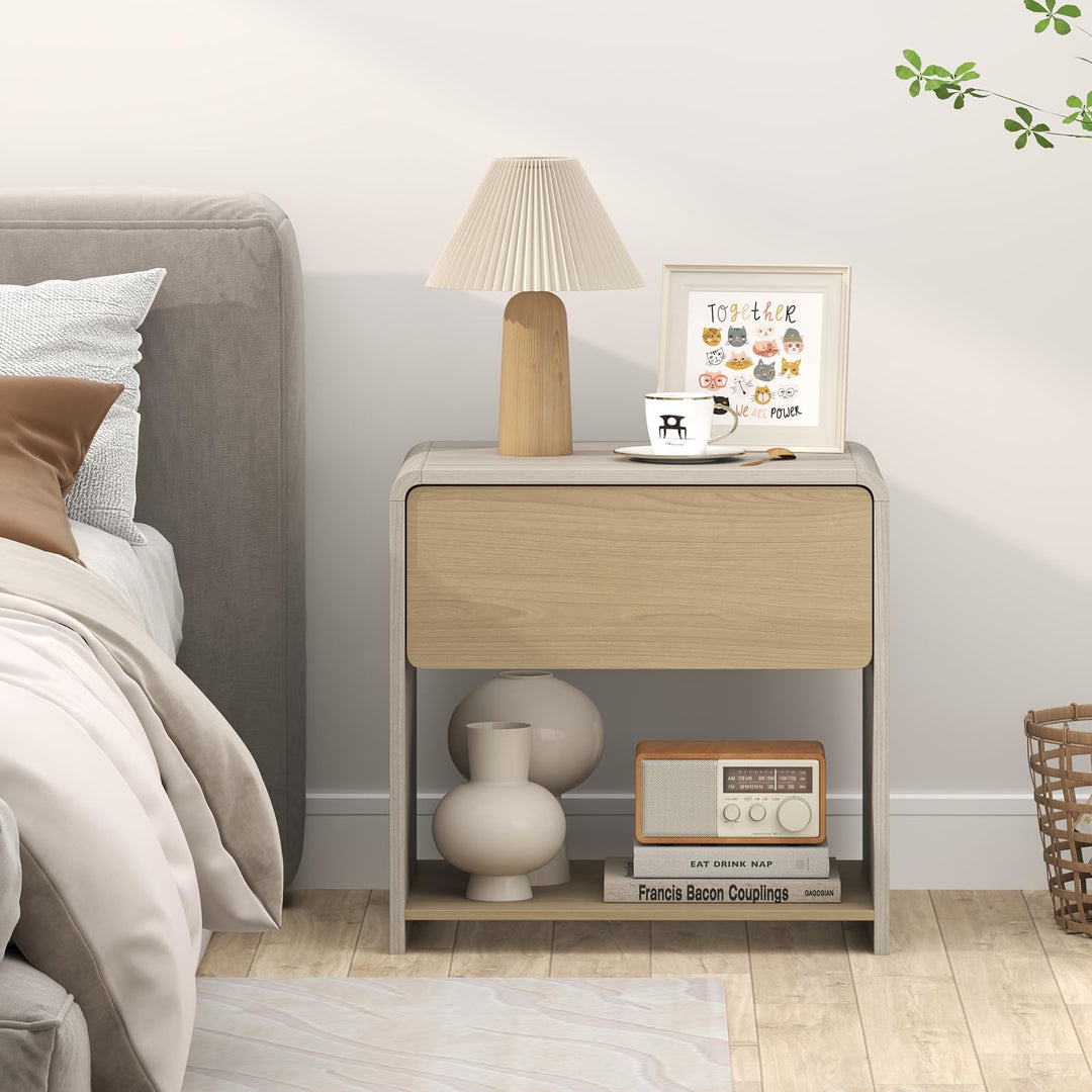 Giantex Modern Nightstand with Drawer Set of 1/2 Storage Open Shelf