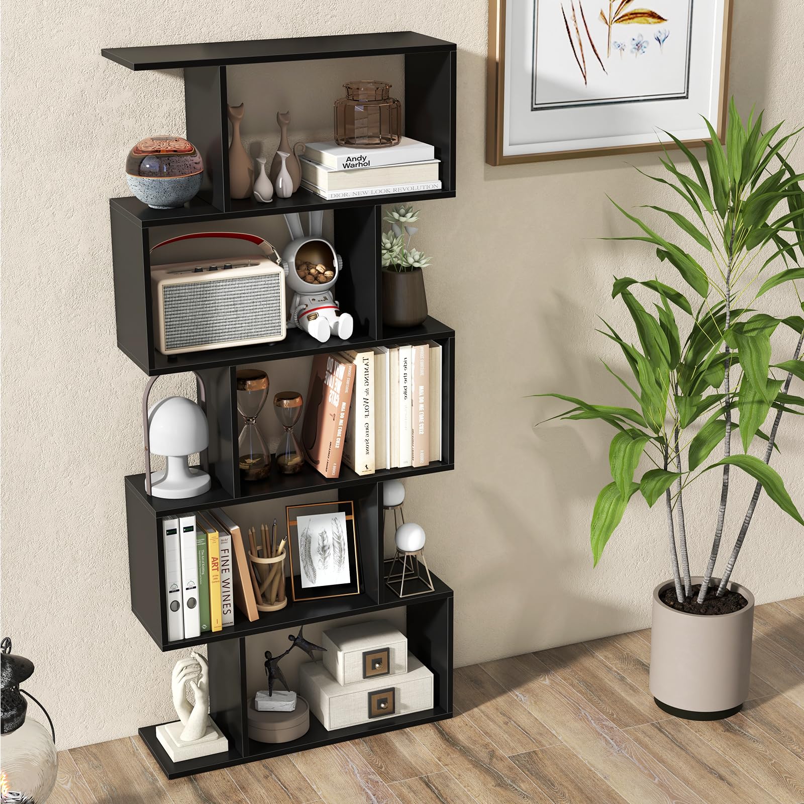 Giantex 5-Tier Geometric Bookshelf, 62.5" Tall Wood S-Shaped Bookcase with Anti-Tipping Device