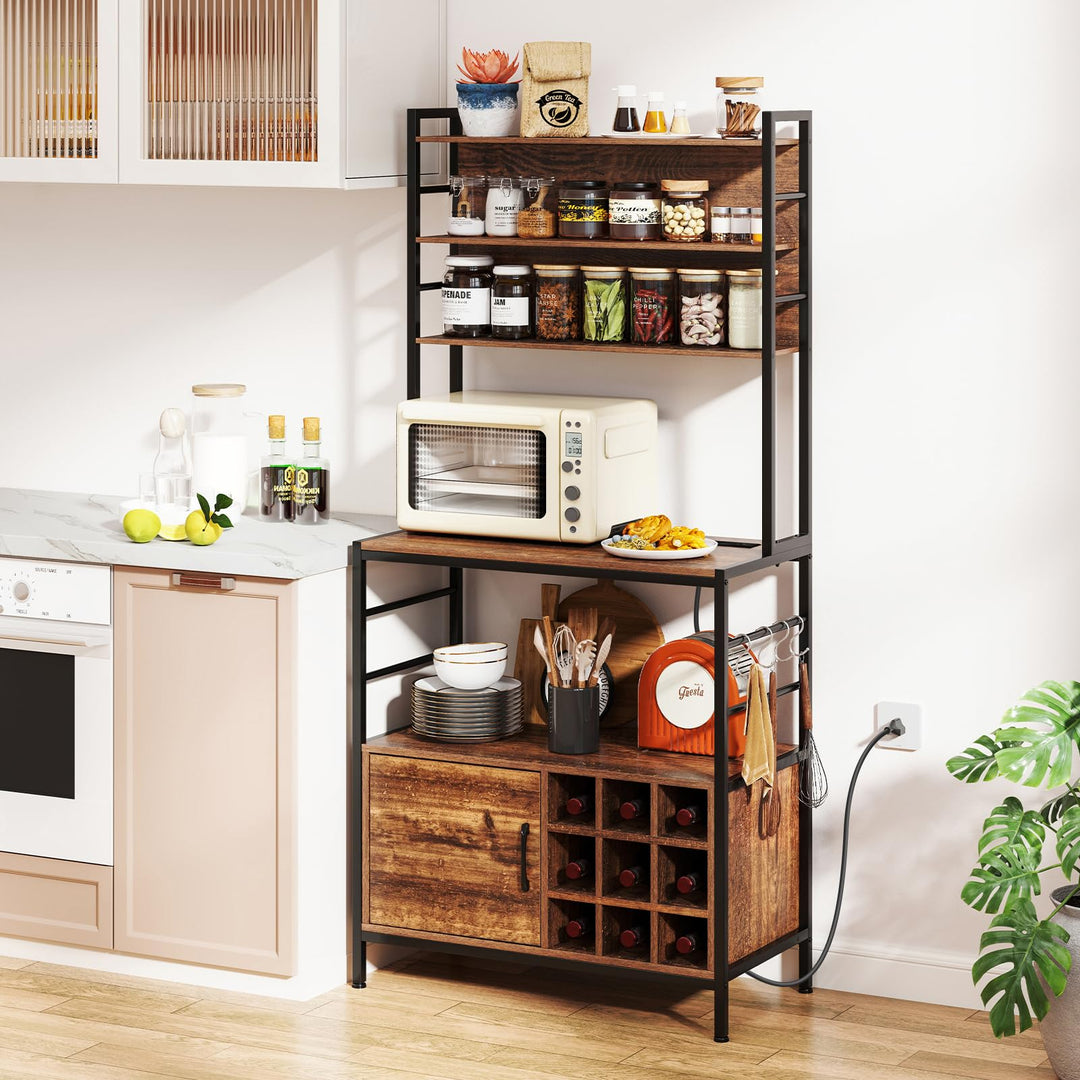 Giantex Bakers Rack with Power Outlet, 67” Microwave Stand with Storage Cabinet, Spice Rack