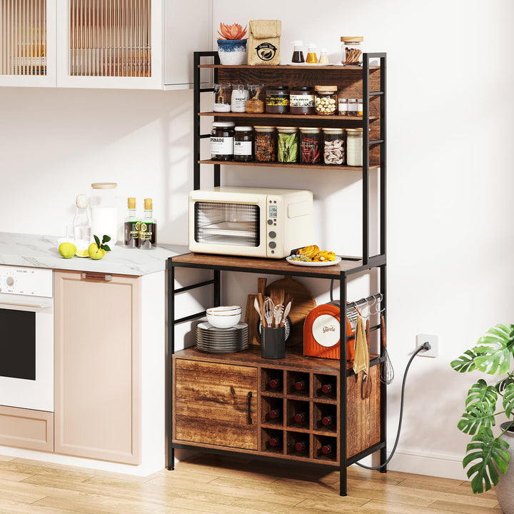 Giantex Bakers Rack with Power Outlet, 67” Microwave Stand with Storage Cabinet, Spice Rack