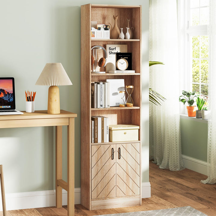 Giantex 6-Tier Bookshelf with Double Doors, 71" Tall Bookcase w/ 4 Open Cubes & 3 Adjustable Shelves
