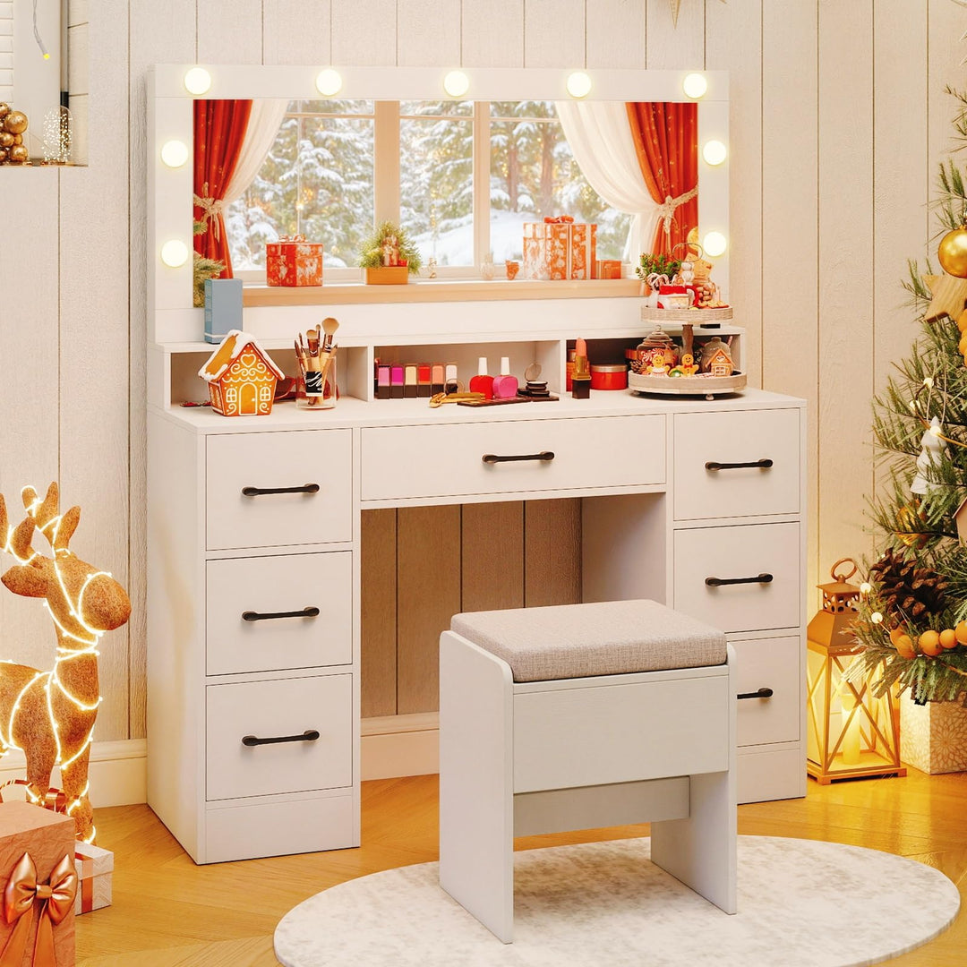 CHARMAID Vanity Desk with Mirror and Lights Charging Station & Storage Stool