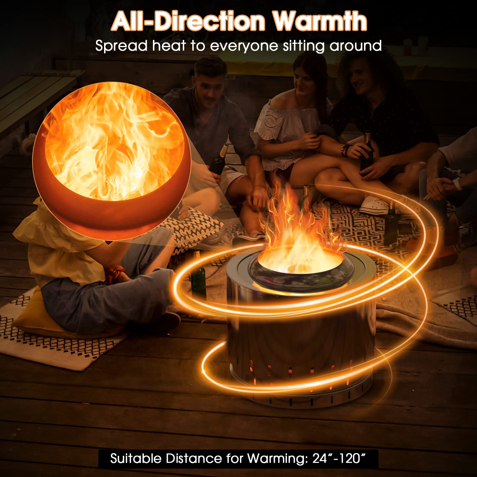Giantex Smokeless Fire Pit for Outside - 19.5 Inch Stainless Steel Wood Burning Firepit with Protective Cover