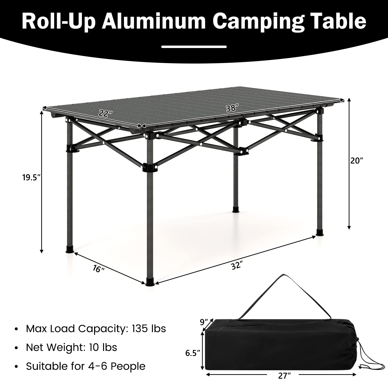 Giantex Folding Camping Table for 4-6 People, Roll-Up Lightweight Picnic Table with Large Aluminum Tabletop & Carrying Bag (Black)