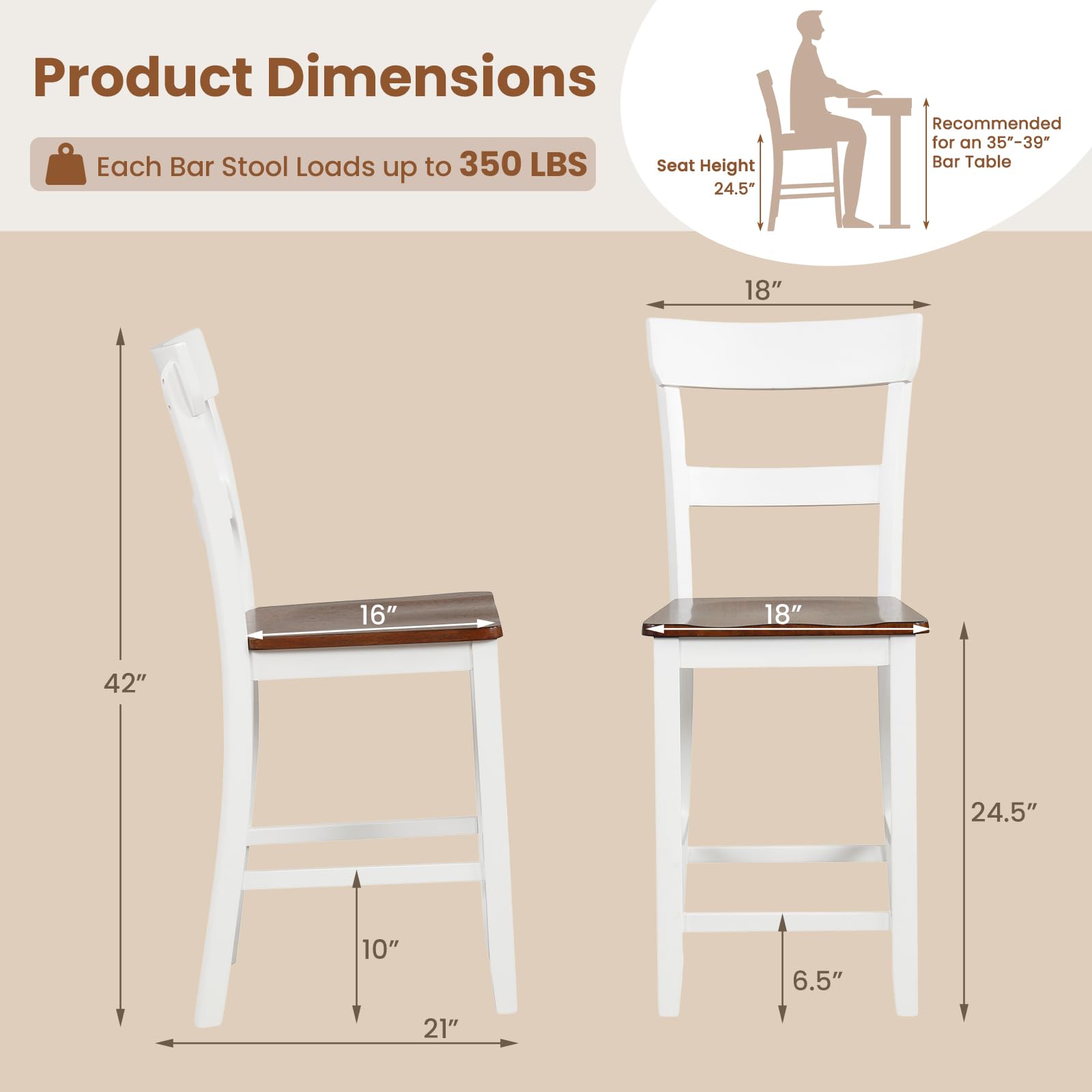 Giantex Wooden Bar Stools Counter Height Set of 2, 24.5" Farmhouse Wood Bar Dining Chairs