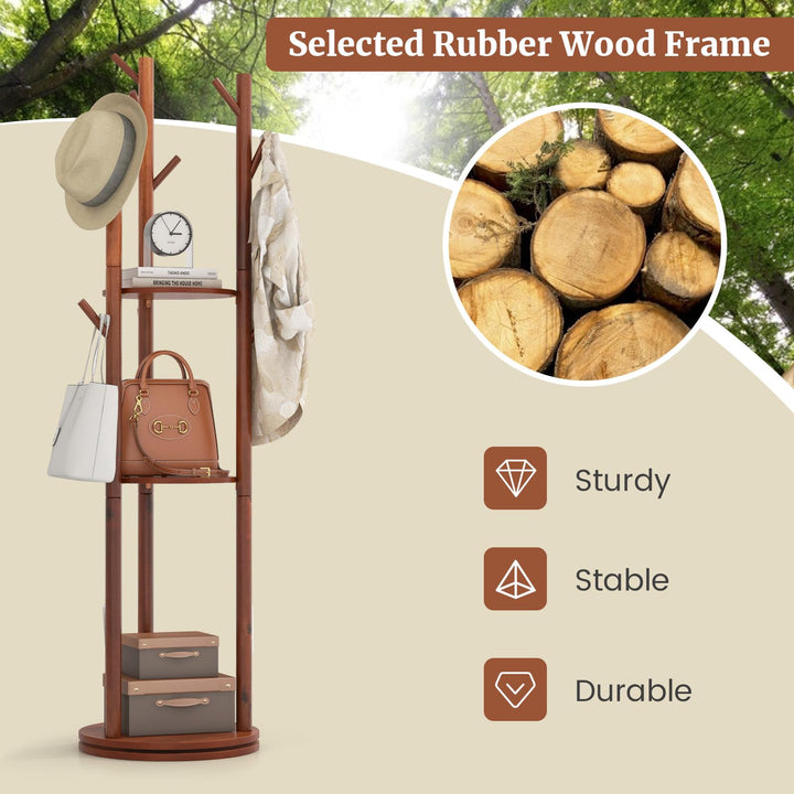 Giantex Coat Rack Freestanding, Wooden Rotary Coat Tree w/ 3 Display Storage Shelves & 9 Hooks