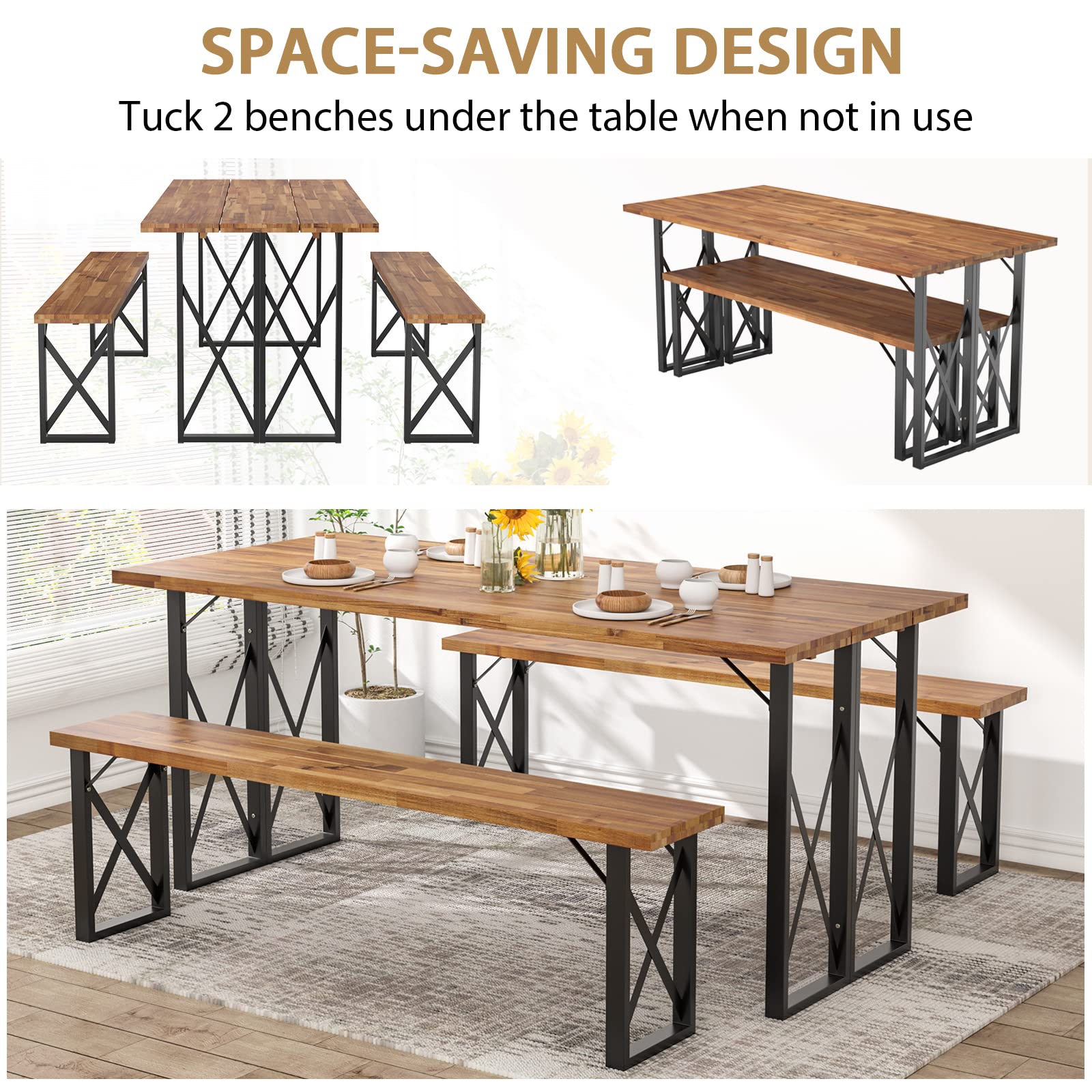 Giantex Outdoor Picnic Table Set with 2 Benches, Acacia Wood Patio Dining Table Set for 6 or 4 Persons, with 2” Umbrella Hole