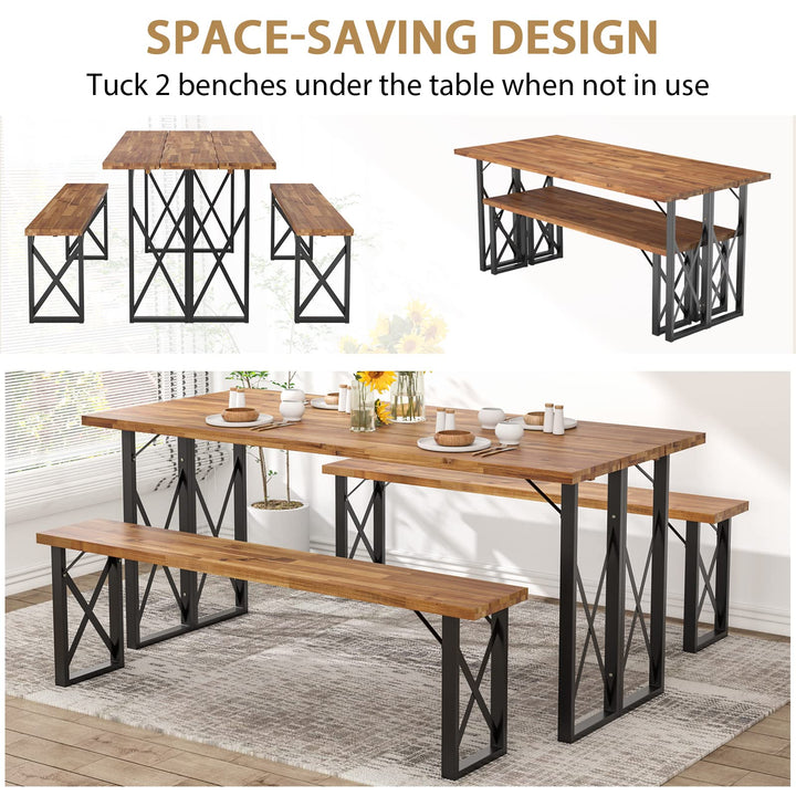 Giantex Outdoor Picnic Table Set with 2 Benches, Acacia Wood Patio Dining Table Set for 6 or 4 Persons, with 2” Umbrella Hole