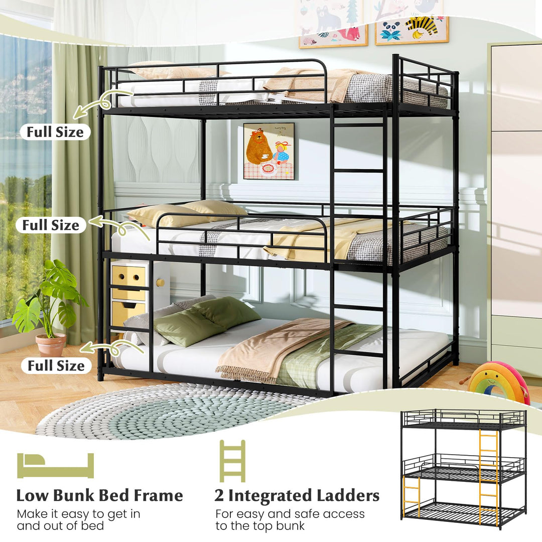 Giantex Metal Full Over Full Over Full Bunkbeds with Safety Guardrails & 2 Ladders