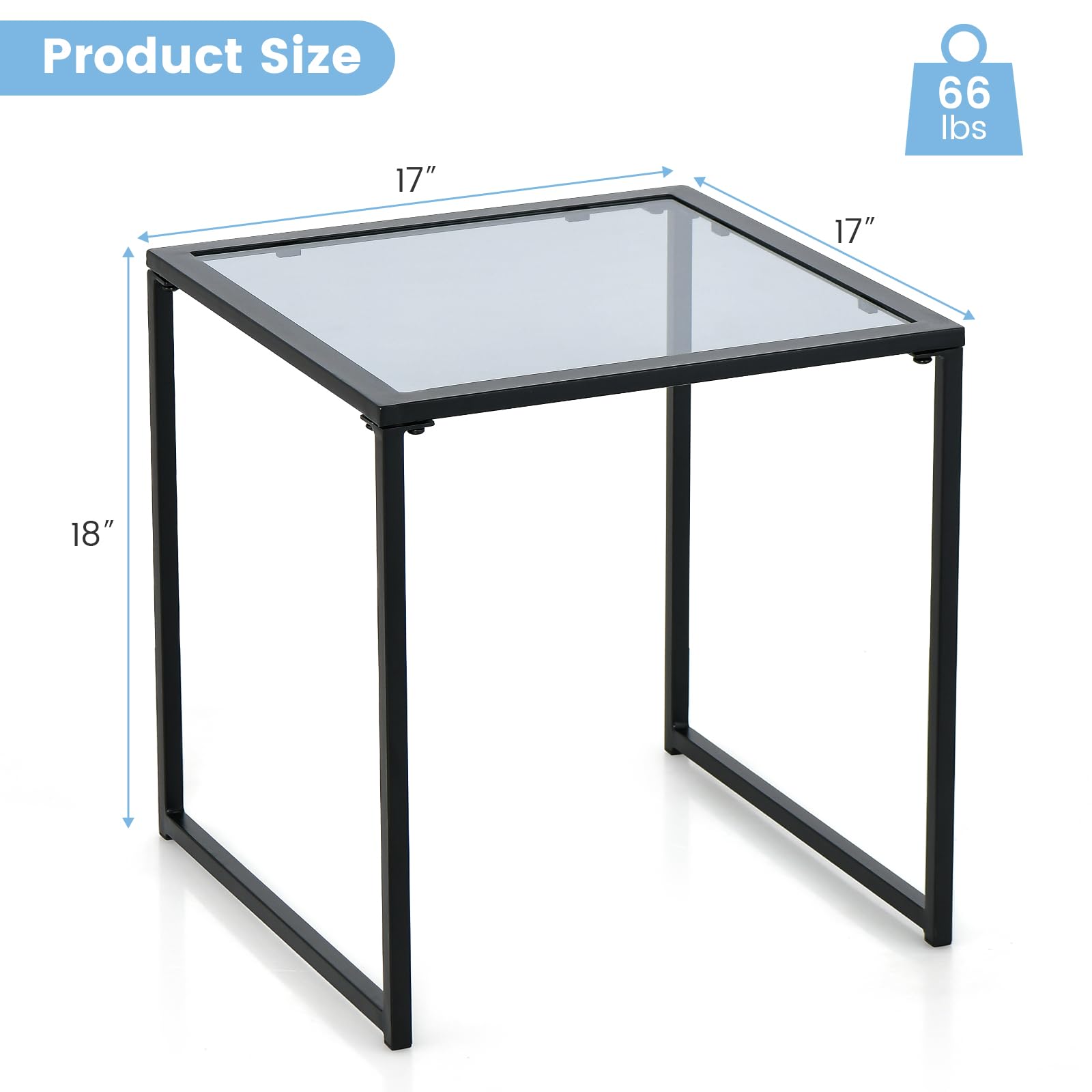 Giantex Outdoor 17” Square Table - Patio Tempered Glass End Table Side Table with Metal Frame