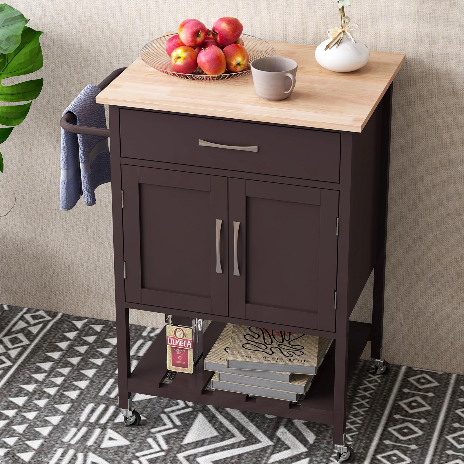 Giantex Rolling Kitchen Island Cart, Mobile Serving Cart with Drawer, 2-Door Storage Cabinet, Storage Shelf