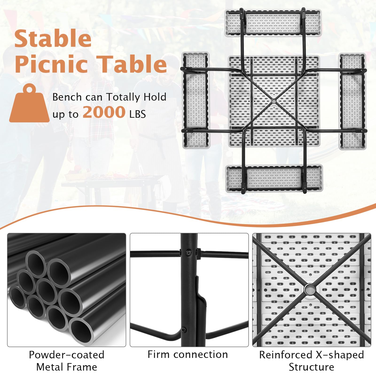 Giantex Picnic Table Set for 4-8 Persons, Outdoor Table and Bench Set with Umbrella Hole, HDPE Top & Metal Frame
