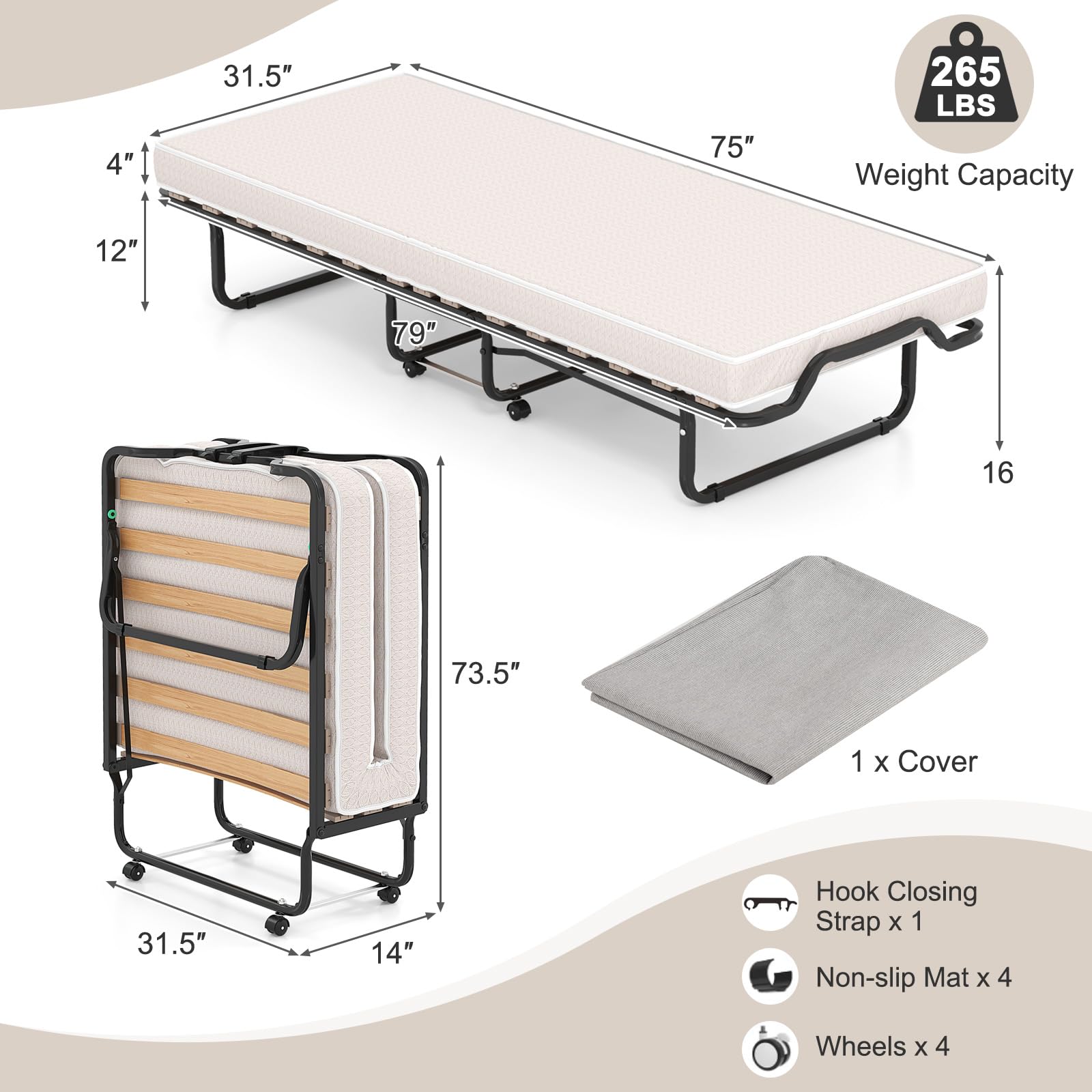 Giantex Folding Bed with Mattress, 75x31 Cot Size Bed Frame, Roll Away Beds with Mattresses for Adults