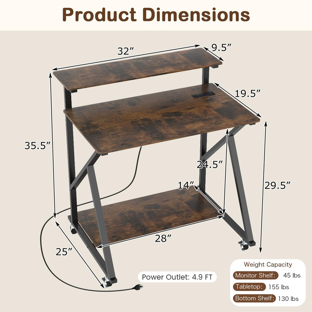 Giantex Rolling Small Desk with Storage | Compact Computer Desk for Small Spaces with Charging Station