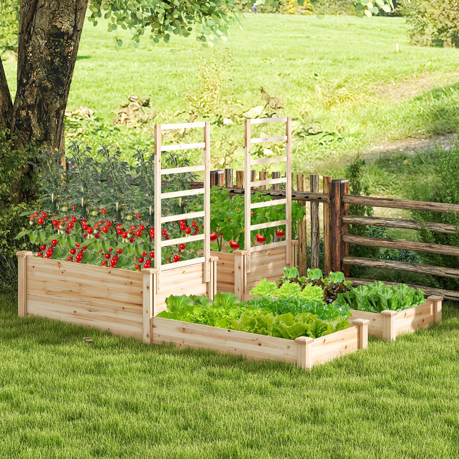 Giantex Raised Garden Bed with Trellis, Set of 2 Wood Shallow & Deep Planter Box for Climbing Plants