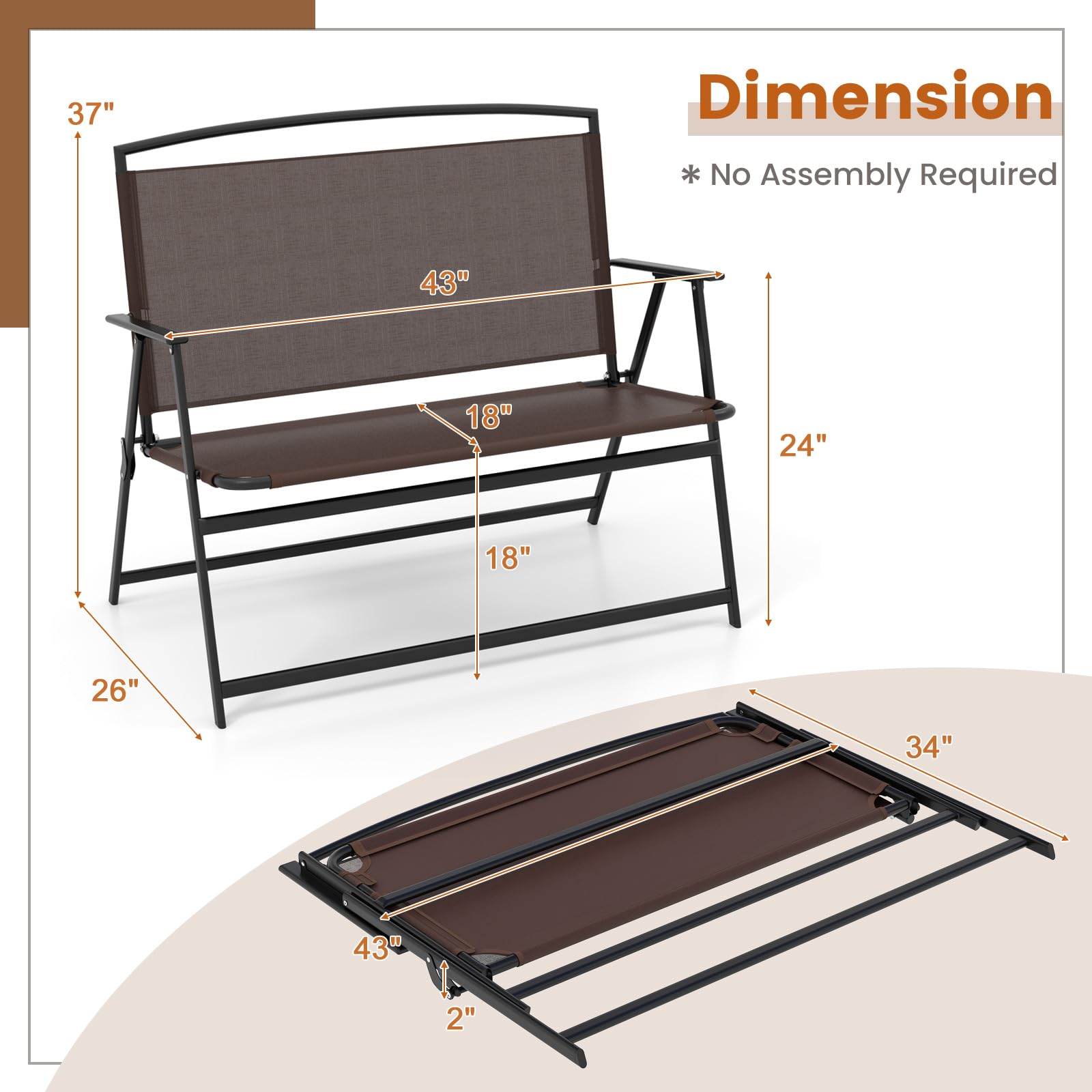 Giantex Outdoor Bench, Folding Garden Bench for 2 Persons, Patio Loveseat with Metal Armrests