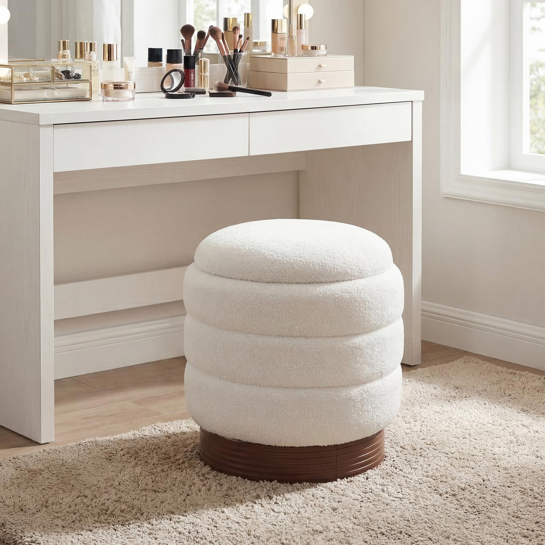 Giantex Round Ottoman with Storage 360° Swivel Boucle Vanity Stool