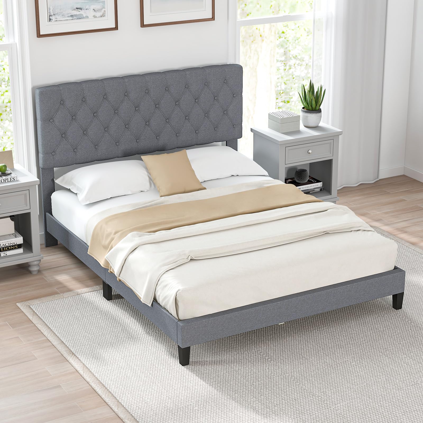 Giantex Queen Bed Frame, Upholstered Platform Bed with Button Tufted Headboard and Solid Wooden Slats Support