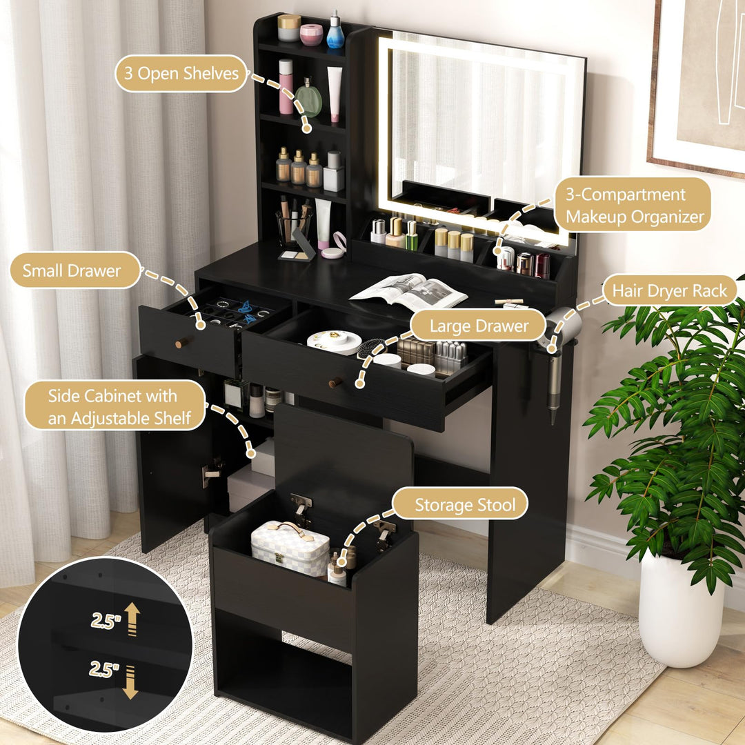 CHARMAID Vanity Desk with Mirror and Lights, Makeup Vanity Desk with Drawers, Shelves, Side Cabinet