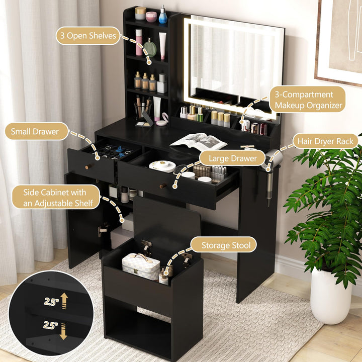 CHARMAID Vanity Desk with Mirror and Lights, Makeup Vanity Desk with Drawers, Shelves, Side Cabinet