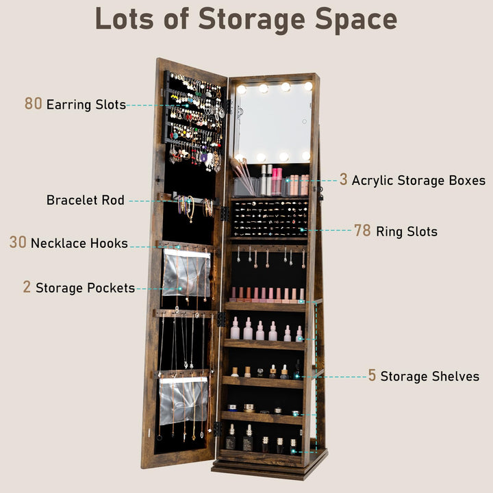 CHARMAID Swivel Jewelry Armoire with Full-Length Mirror & Lighted Makeup Mirror