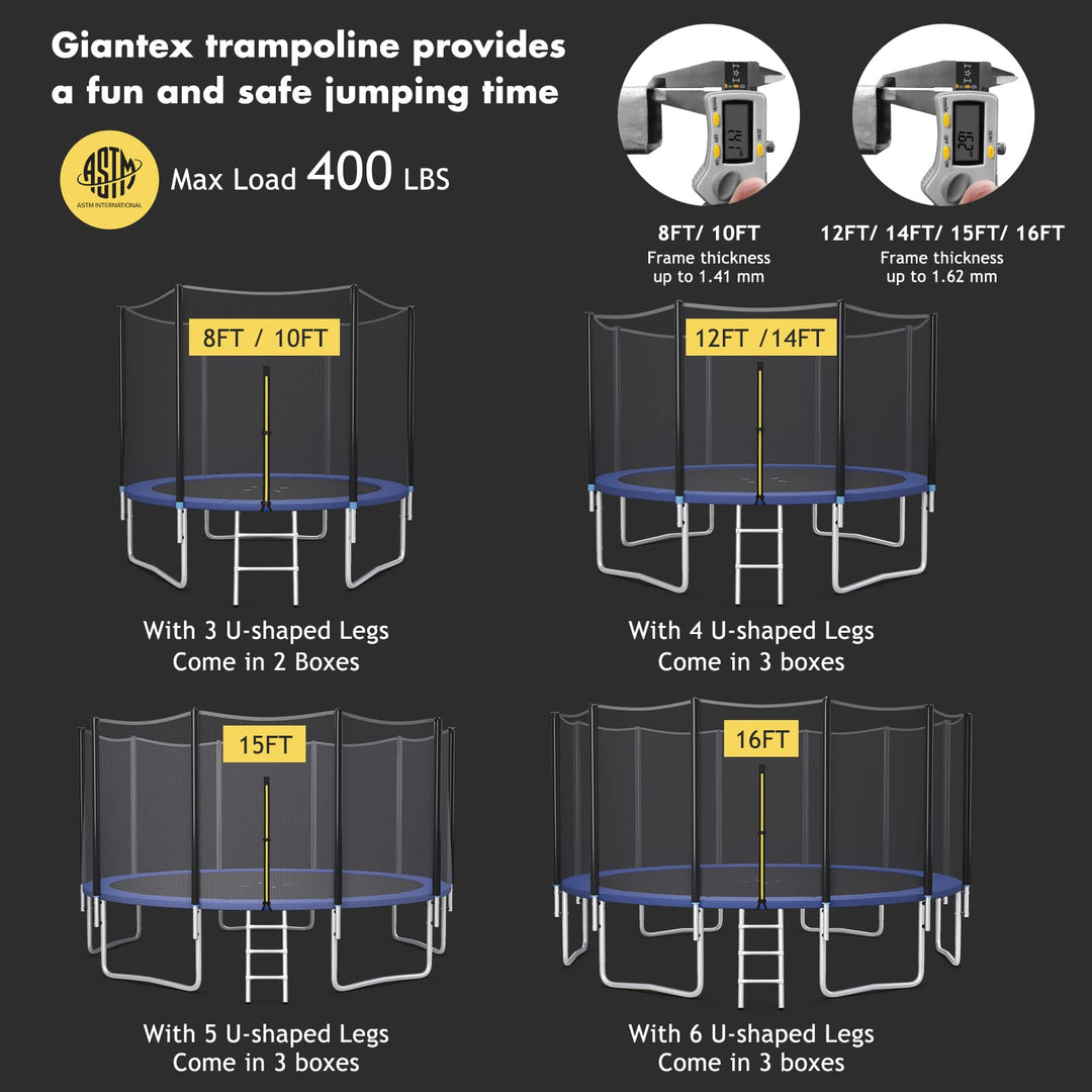 ASTM Approved 8 10 12 14 15 16Ft Trampoline for Adults Kids