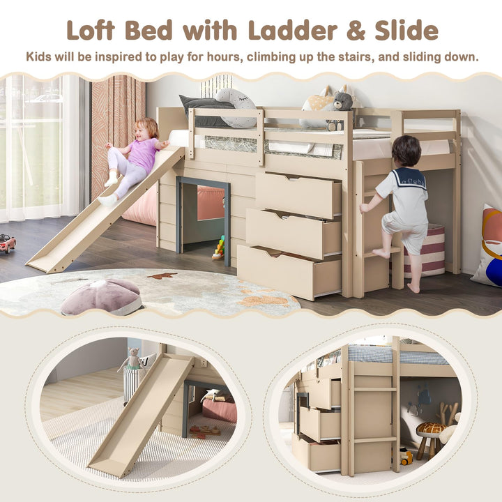 Giantex Low Loft Bed Twin Size | Solid Wood Kids Bed with Slide &amp; 3 Storage Drawers