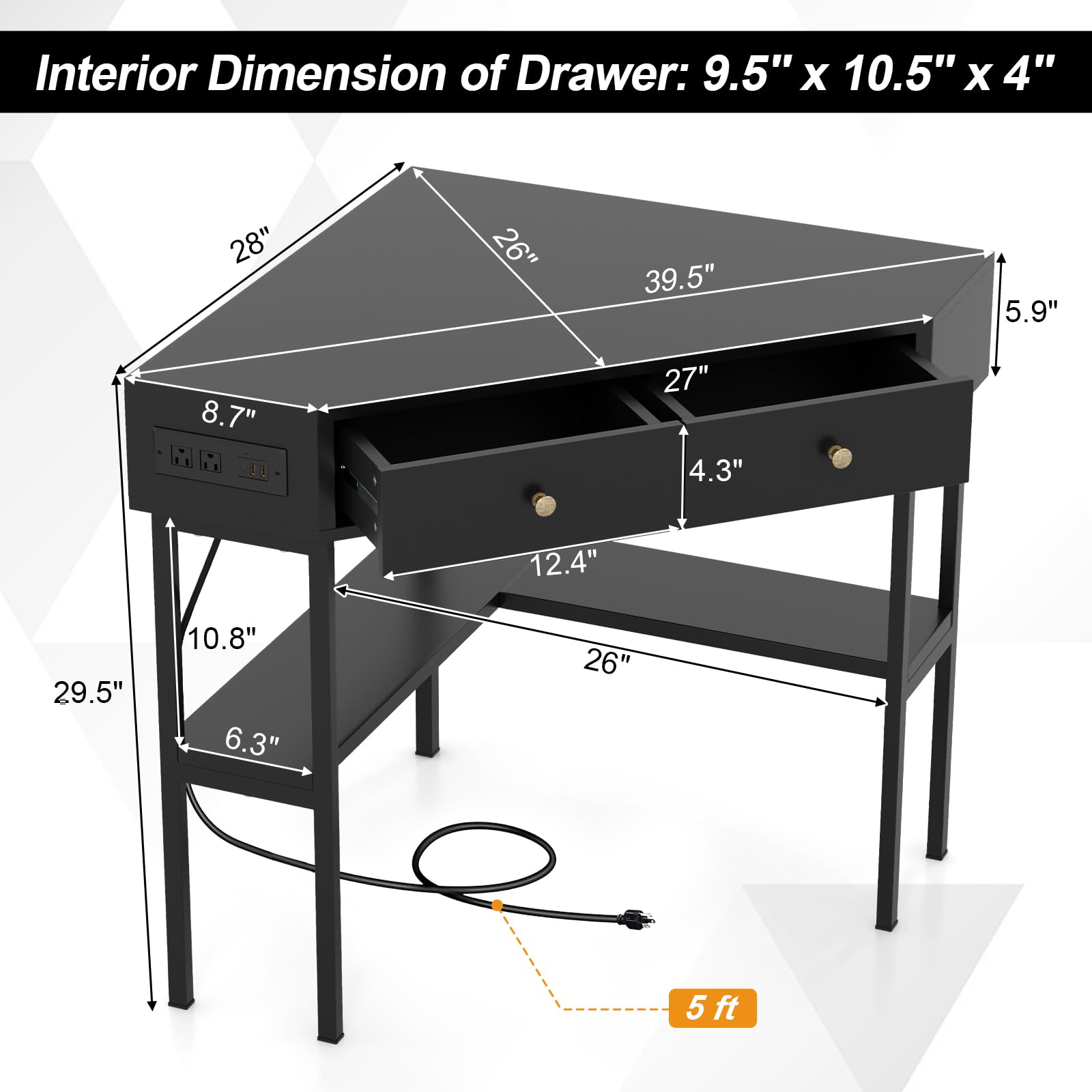 Giantex Corner Desk with Charging Station, 90 Degree Triangle Computer Desk with 2 Drawers & Storage Shelf