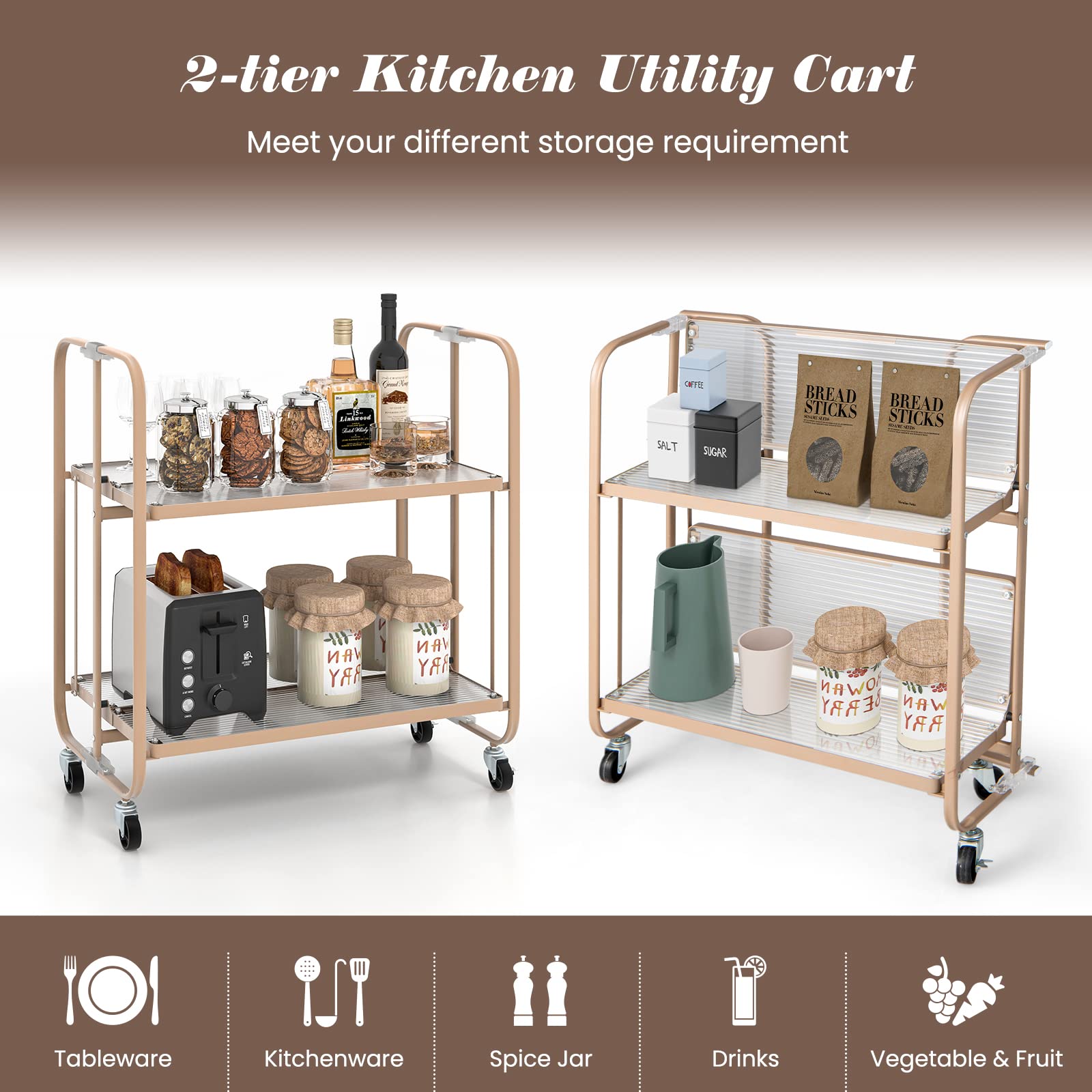 Giantex 2-Tier Mobile Serving Cart, Foldable Storage Cart on Wheels, Tempered Glass Shelf (Rose Gold)