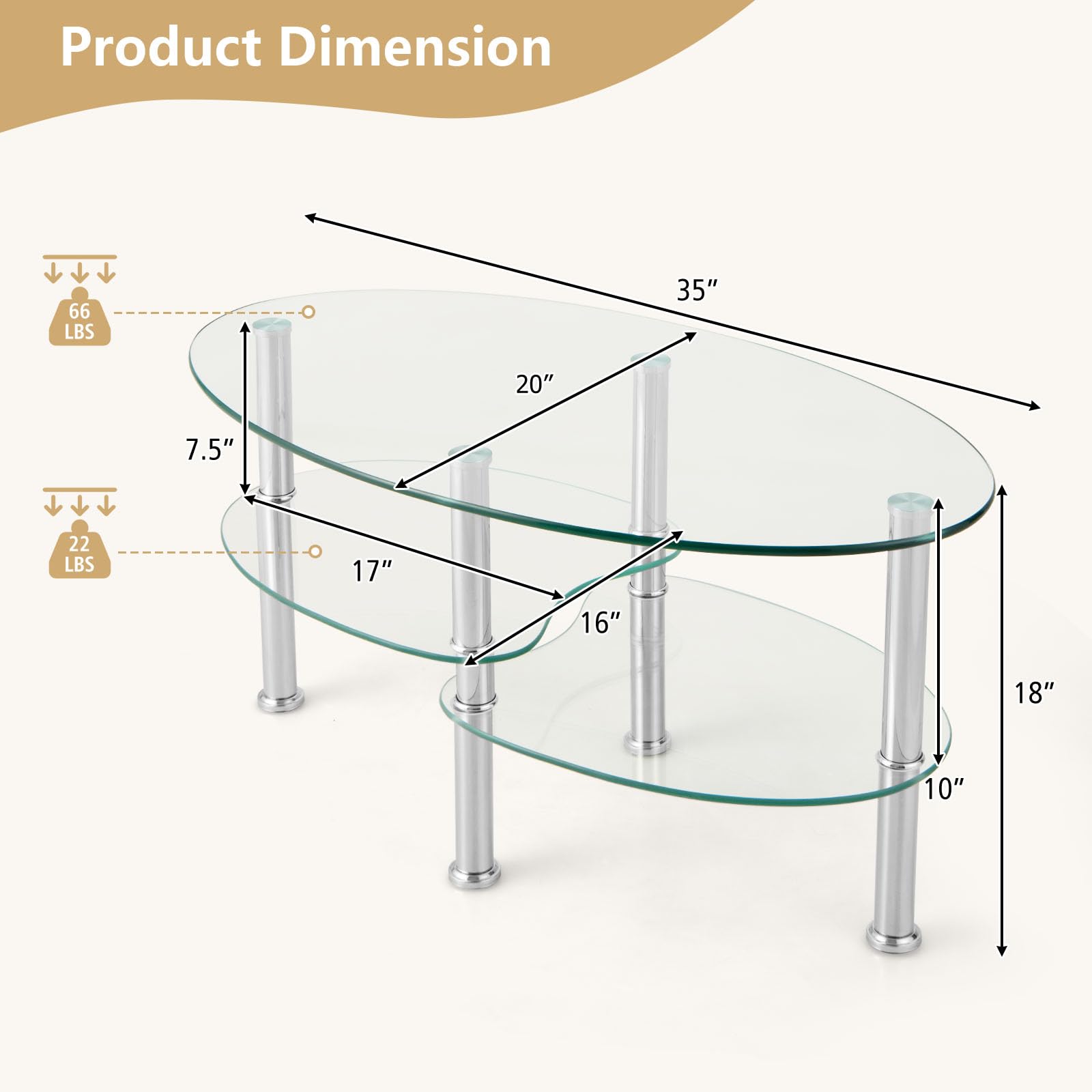 Giantex Oval Glass Coffee Table - 3-Tier Transparent Tempered Glass Center Table with Metal Stand, 35"× 20" ×18"