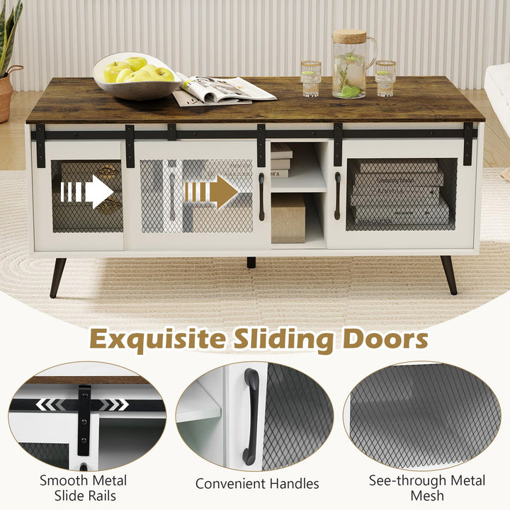 Giantex 48" Farmhouse Coffee Table with Sliding Doors &amp; Adjustable Shelf