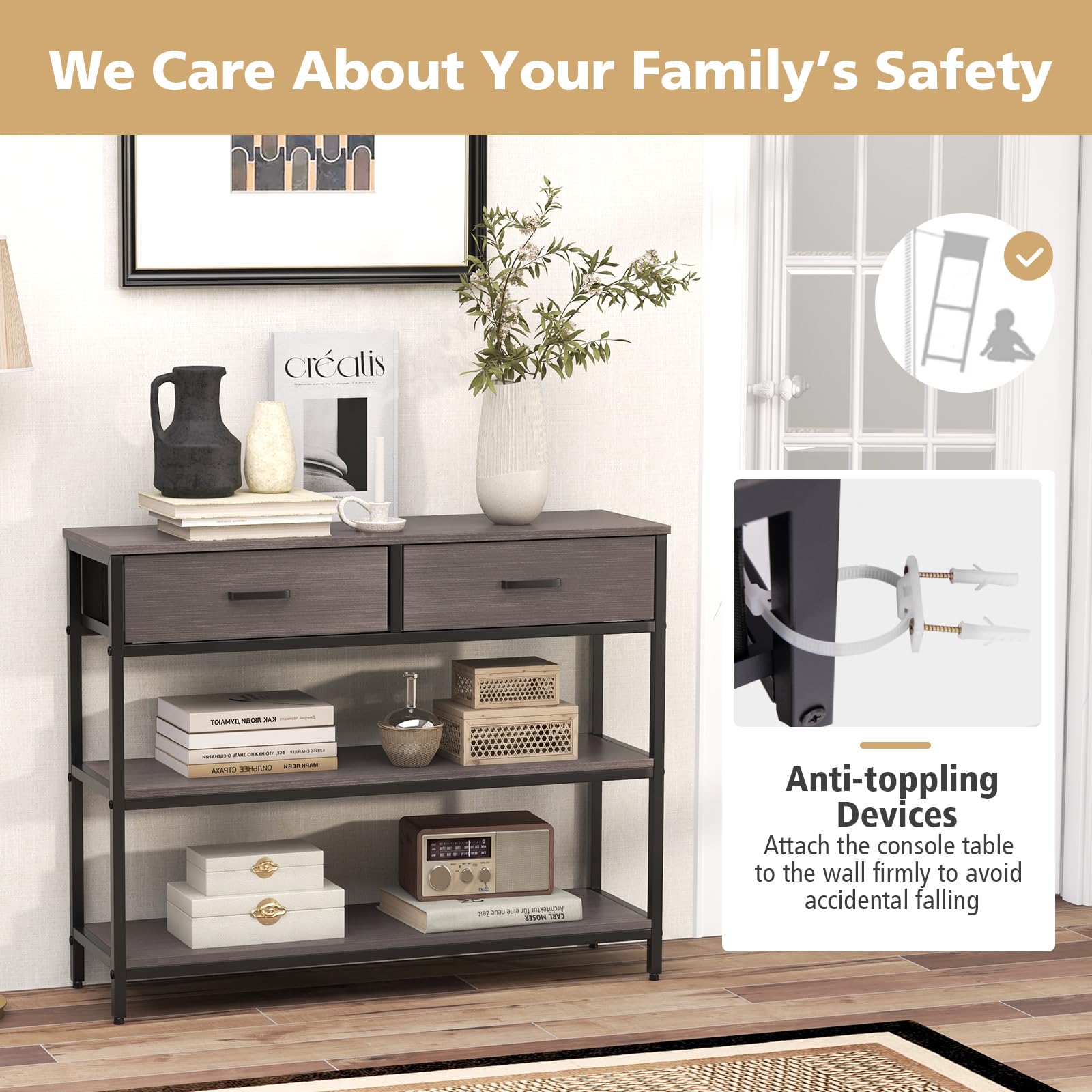 Giantex 3-Tier Entryway Table with Storage, Sofa Table w/ 2 Large Drawers, 2 Open Storage Shelves